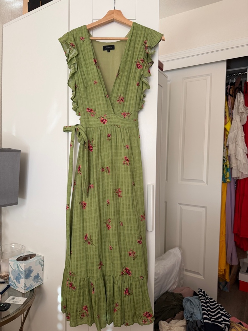 MAJORELLE Olive Green Floral Midi Wrap Dress